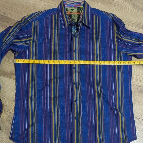 Robert Graham Shirt Blue Yellow Striped Paisley Abstract Flip Cuff Men's Sz L - Picture 6 of 11
